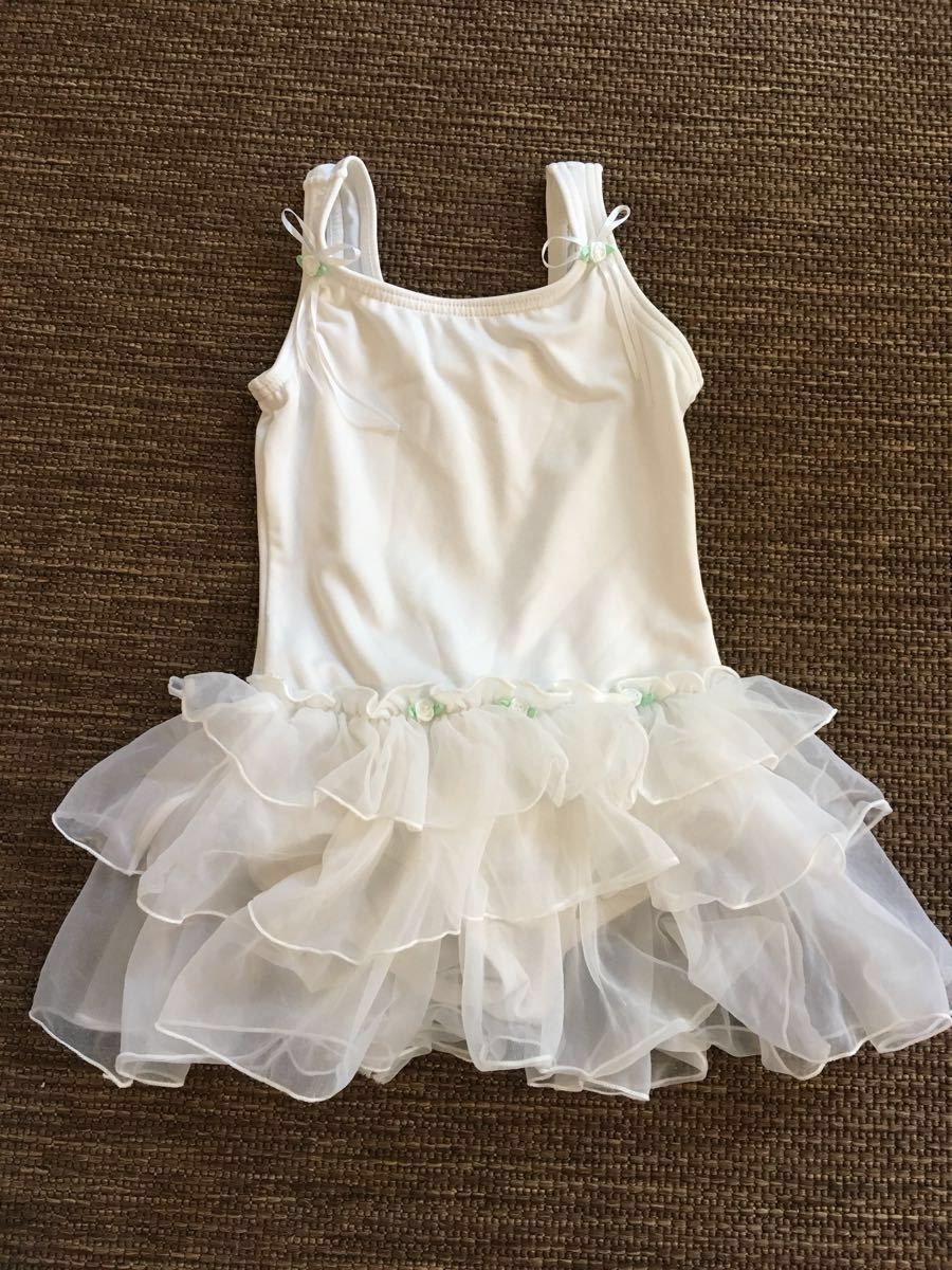 バレエ 子供用 チュチュ付レオタード プリンセスオーロラ Princess Aurora 三段シフォンスカート S 95～110cm ホワイト 白 小花とリボン付_1