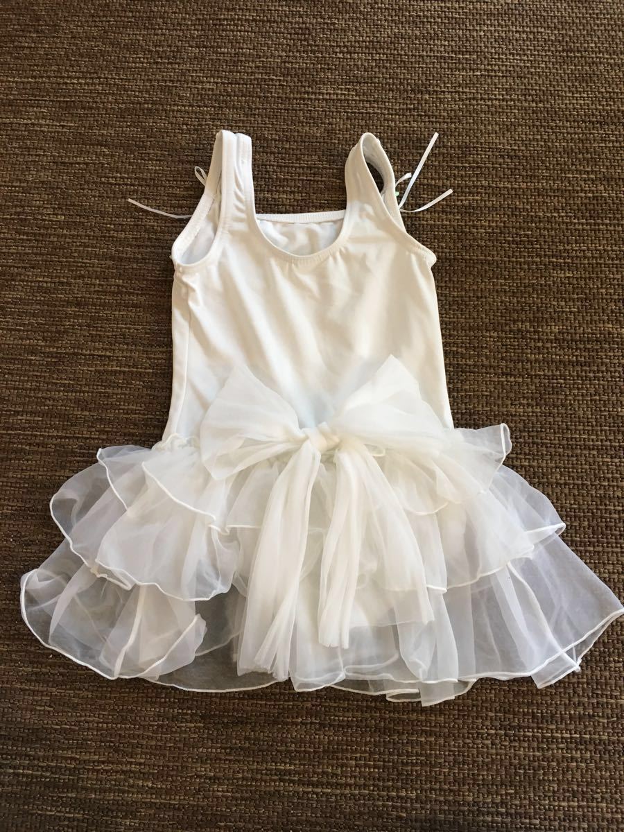 バレエ 子供用 チュチュ付レオタード プリンセスオーロラ Princess Aurora 三段シフォンスカート S 95～110cm ホワイト 白 小花とリボン付_2