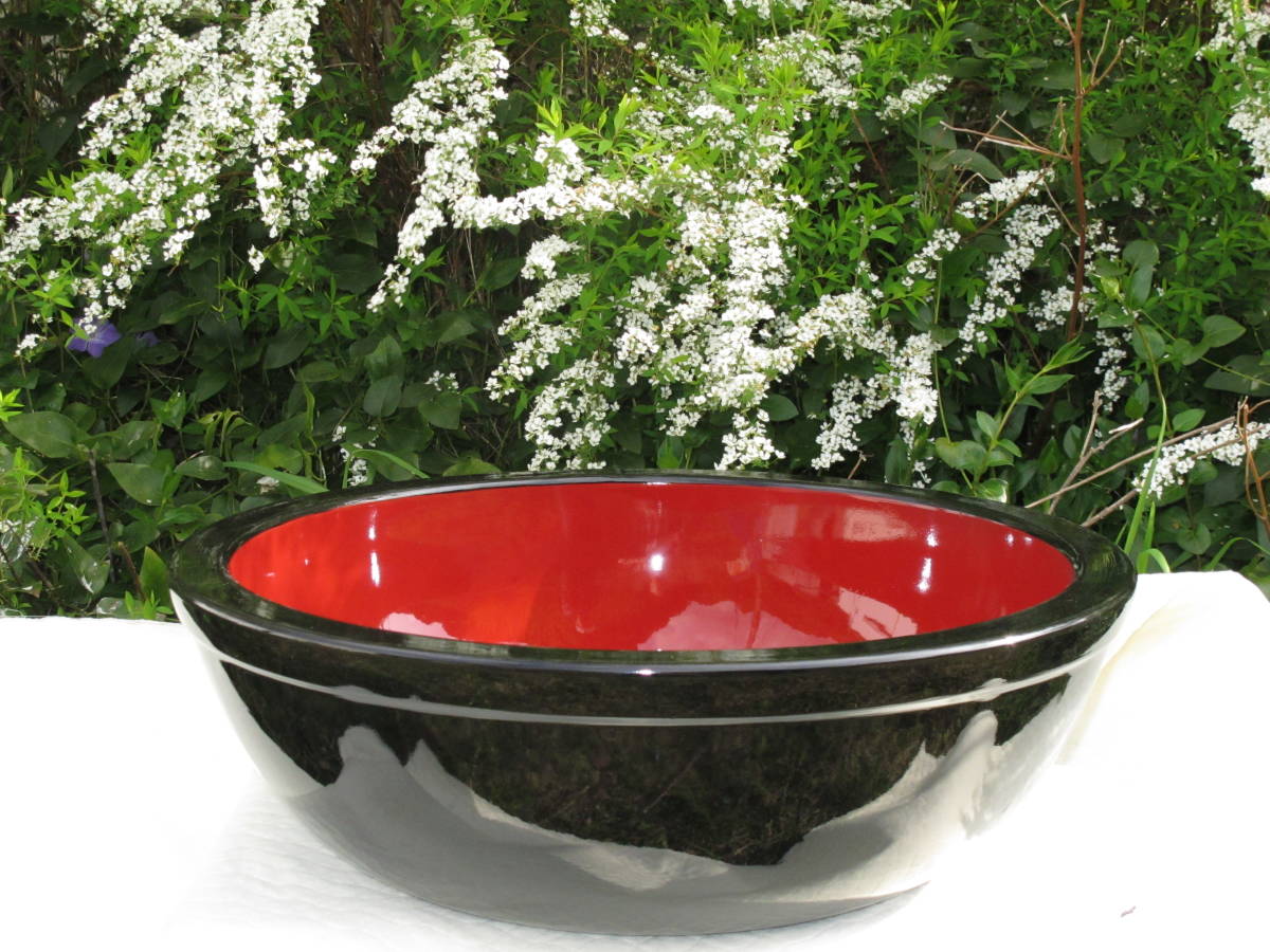 8寸麺鉢 こね鉢① 尺六 黒内朱 黒帯朱内