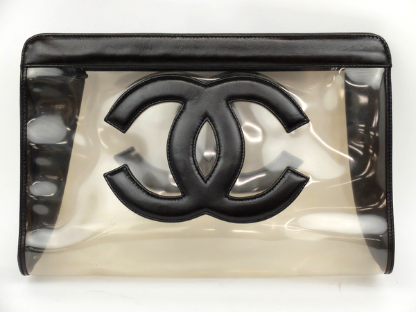 良品シャネルココマーククリアビニールクラッチバッグポーチブラック