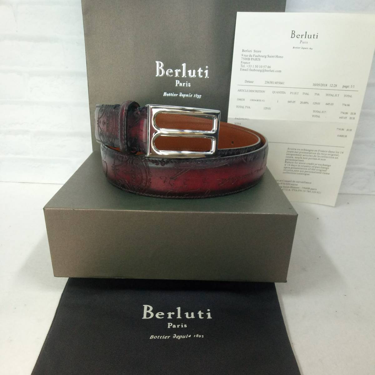 ベルルッティ　正規品　BERLUTI　ベルト　バックル　カリグラフベルト　幻のパティーヌ　シルバーバックル・紺　メンズ　極美品