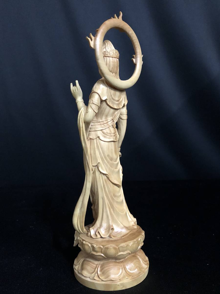 総柘植材 極上品 一刀彫 仏教美術 日光観音菩薩立像 高23cm
