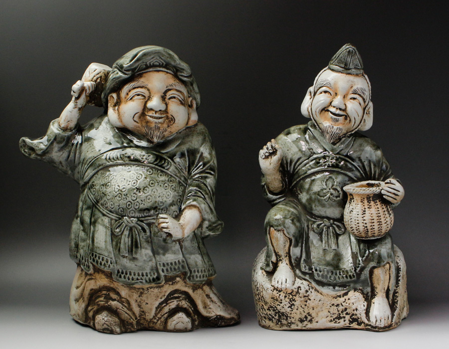 源・h】《江戸期》古平戸 恵比須・大黒 置物/H＝30．5cm