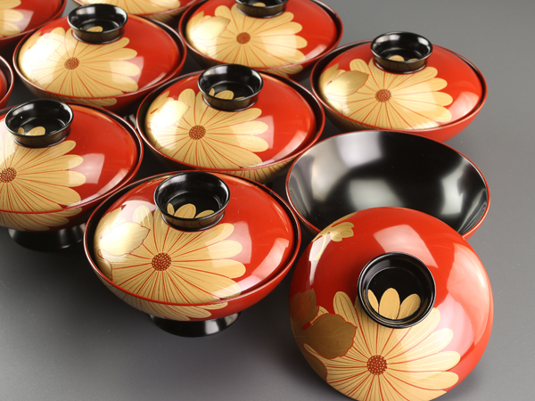 流能登輪島塗 田谷漆器店 喜平作 黒塗蒔絵吸物椀五客 共