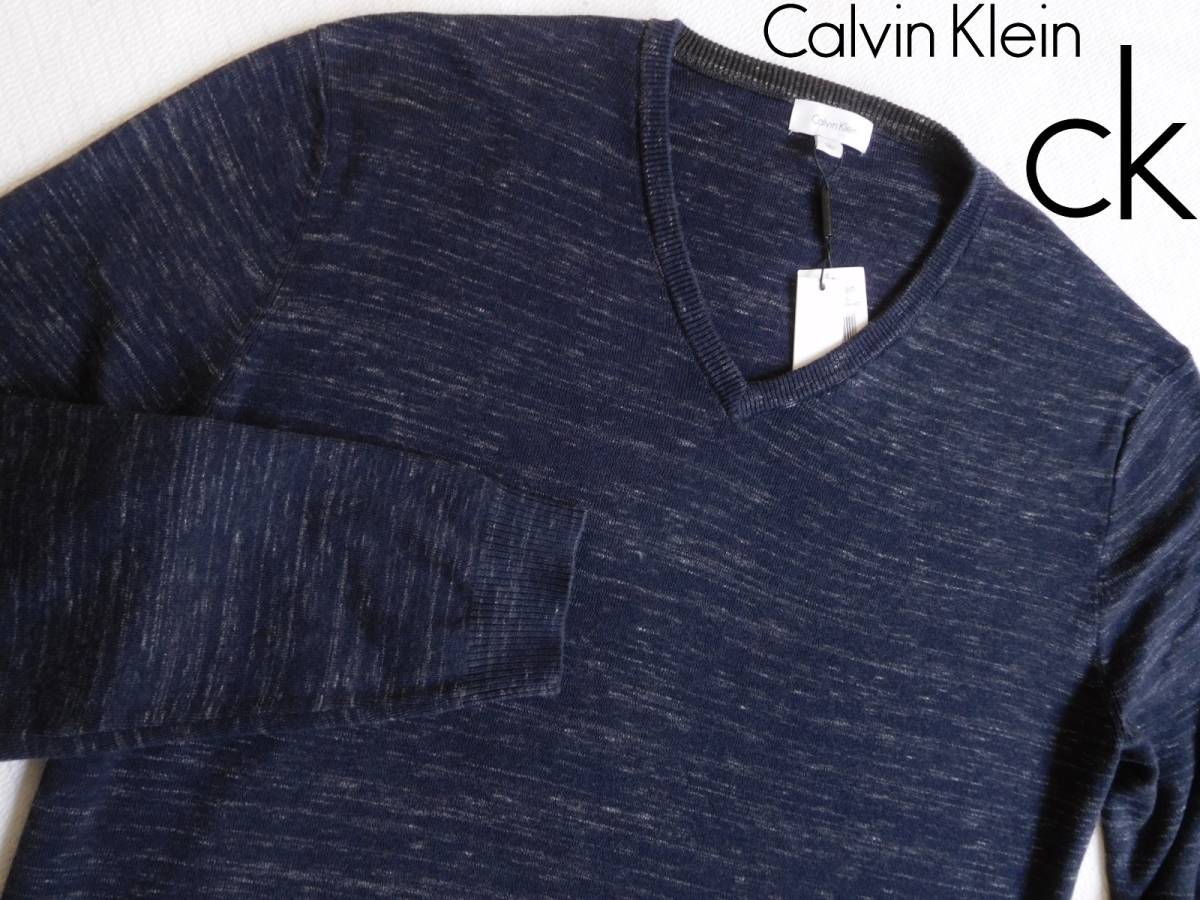 新品★カルバンクライン★爽やかな 濃紺&グレー スラブ ニットセーター★Vネック レーヨンブレンド ニット XL★CALVIN KLEIN★13