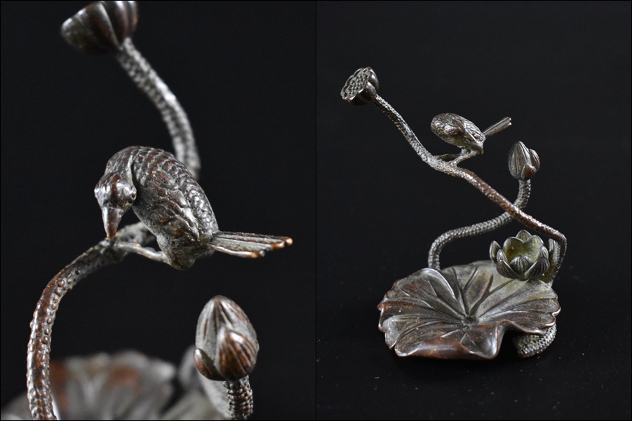 ☆逸品堂 美品 自在 曲がる動物 置物 極上彫刻 銅製 蓮に鳥 置物