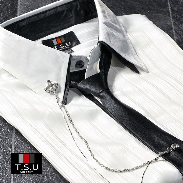 6#935045-wh SALE 光沢ランダムシャドーストライプ チェーンアクセサリー ナローネクタイ付2枚襟ドレスシャツ メンズ(ホワイト白) L 結婚式