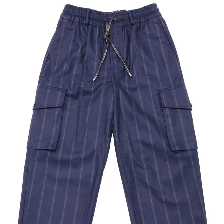 1円 新品 BERNARDO GIUSTI【伊】/48サイズ/美脚イージーカーゴパンツ ウール100％ フラノ ストライプ イタリア製/紺/ネイビー/h395*