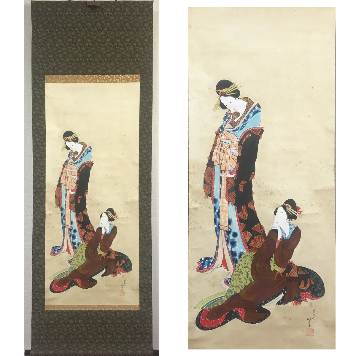 日本画 真作渡鹿庵[堅山南風] 0 掛軸 蓮に金魚の図 合 絹本 花鳥図