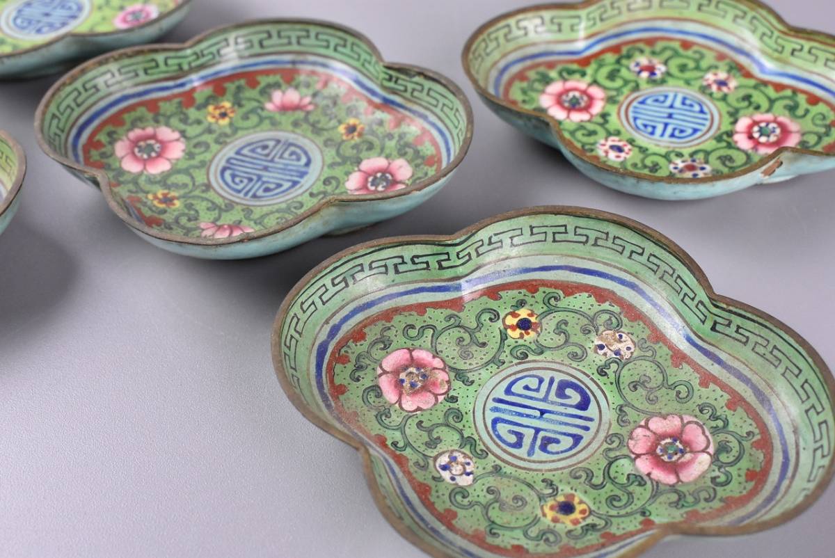 道]清朝時代 七宝草花紋輪花小皿 5枚 中国美術【ZF902】 【公式通販】