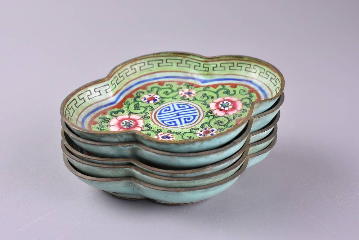 道]清朝時代 七宝草花紋輪花小皿 5枚 中国美術【ZF902】 【公式通販】