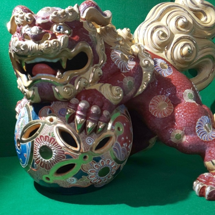 庵】美品 九谷焼 特大16号 九谷焼 魔除けの象徴の獅子 狛犬 伝統工芸