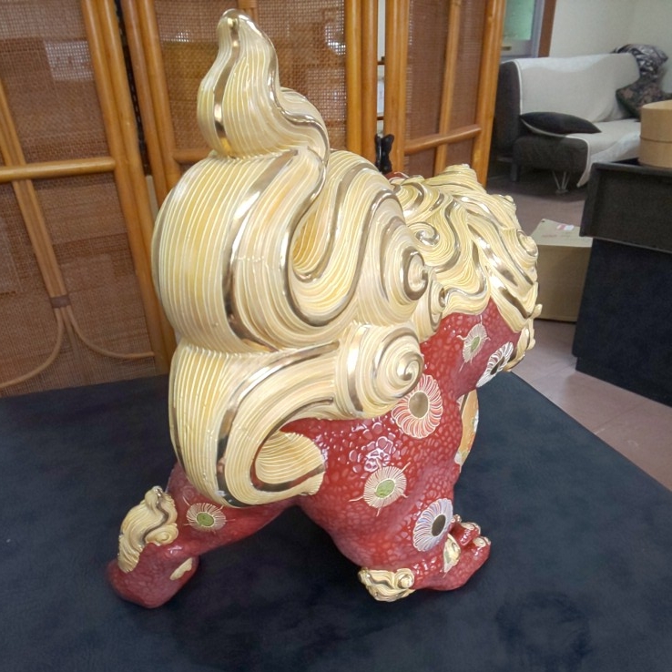 庵】美品 九谷焼 特大16号 九谷焼 魔除けの象徴の獅子 狛犬 伝統工芸