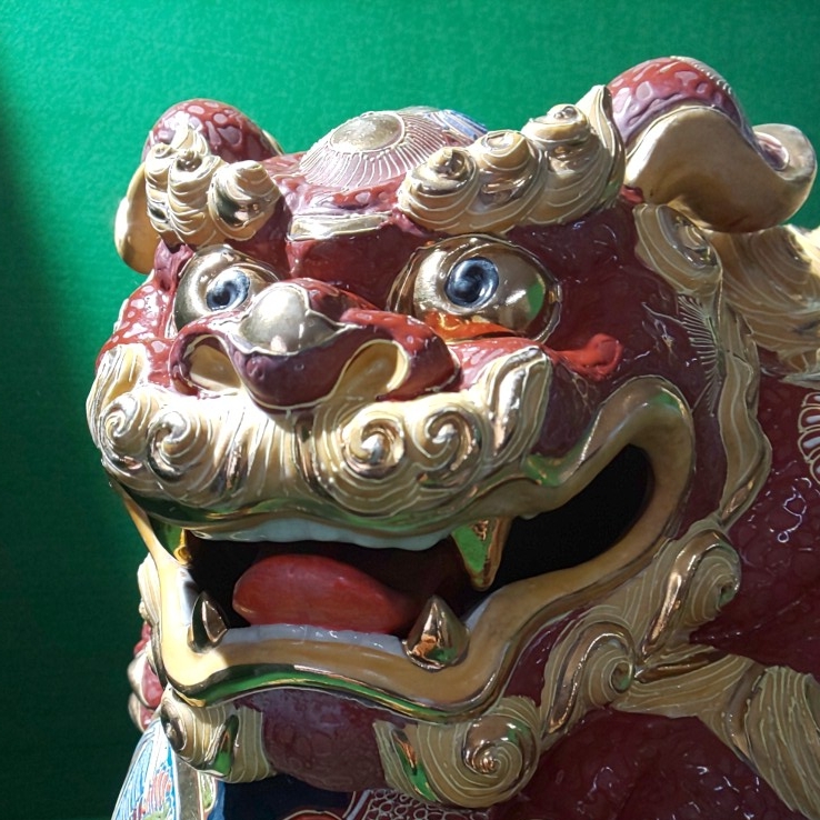 庵】美品 九谷焼 特大16号 九谷焼 魔除けの象徴の獅子 狛犬 伝統工芸