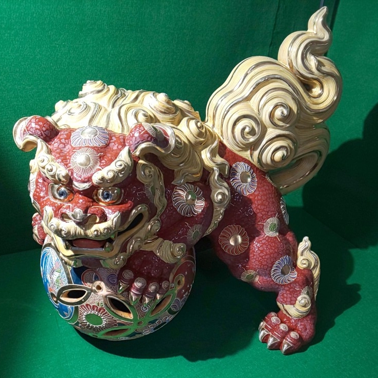 庵】美品 九谷焼 特大16号 九谷焼 魔除けの象徴の獅子 狛犬 伝統工芸