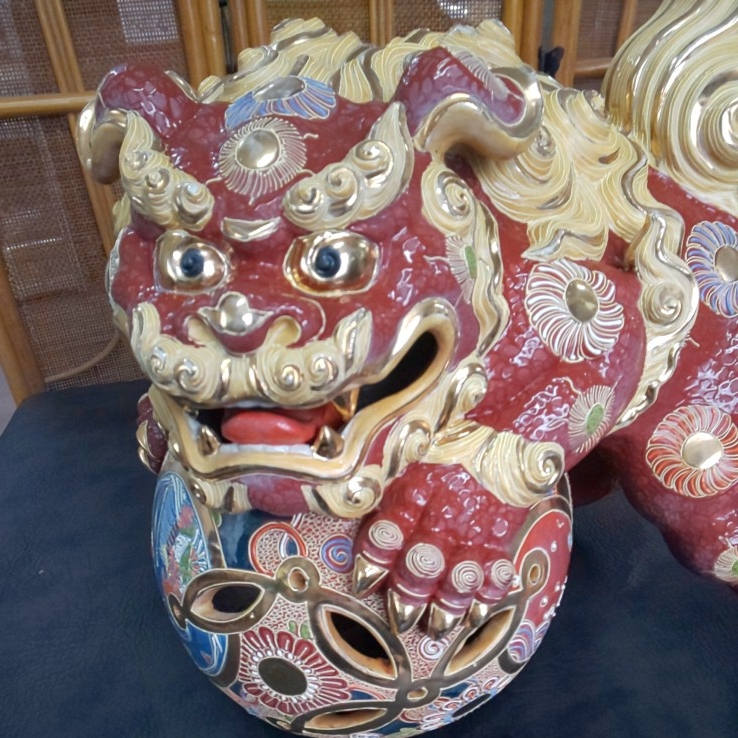 庵】美品 九谷焼 特大16号 九谷焼 魔除けの象徴の獅子 狛犬 伝統工芸