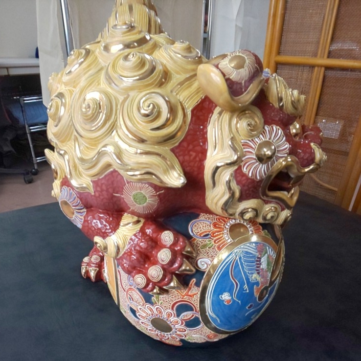 庵】美品 九谷焼 特大16号 九谷焼 魔除けの象徴の獅子 狛犬 伝統工芸