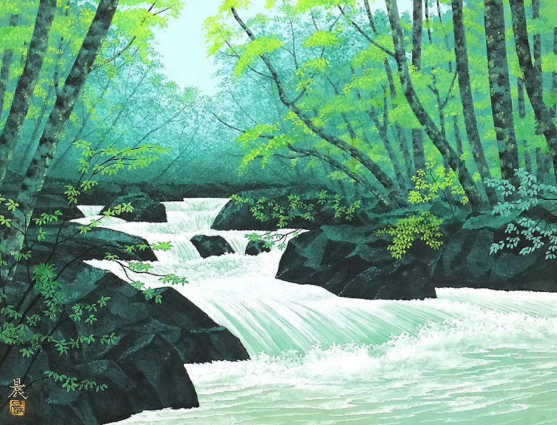 ◆　佐藤昌美(佐藤晨)「緑韻」日本画　猫　F10号　創画会会員　紺綬褒章　◆ GLC】佐藤晨 「奥入瀬緑韻」 日本画10号共シール 創画会員 山種美術館