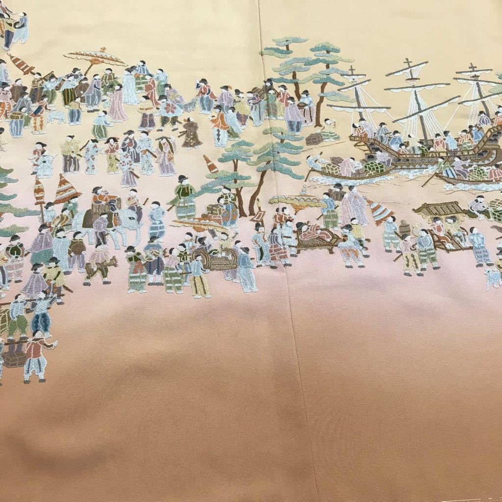 逸品 総相良刺繍 港人物文様の三つ紋色留袖 手刺し刺繍 ぼかし染 未使用品 縮緬 正絹 金糸 共八掛 立ち杏葉紋 相良刺繍 色留袖 -1501-Mサイズのレンタル|きもの365 特選相良刺繍黒留袖 ≪御仕立て上がり・中古美品≫ 「南蛮