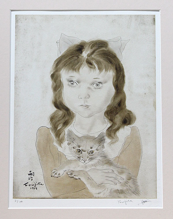 藤田嗣治 摺師サイン リトグラフ 証明書「Young Girl with a cat　猫を抱く少女　7/100」猫
