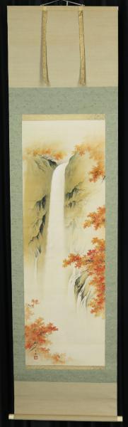 真作】【WISH】稲川光風 日本画 掛軸 絹本 共箱 ◇秋彩滝図、逸品