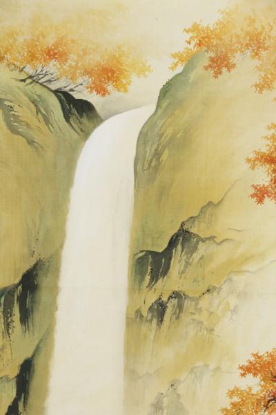 真作】【WISH】稲川光風 日本画 掛軸 絹本 共箱 ◇秋彩滝図、逸品