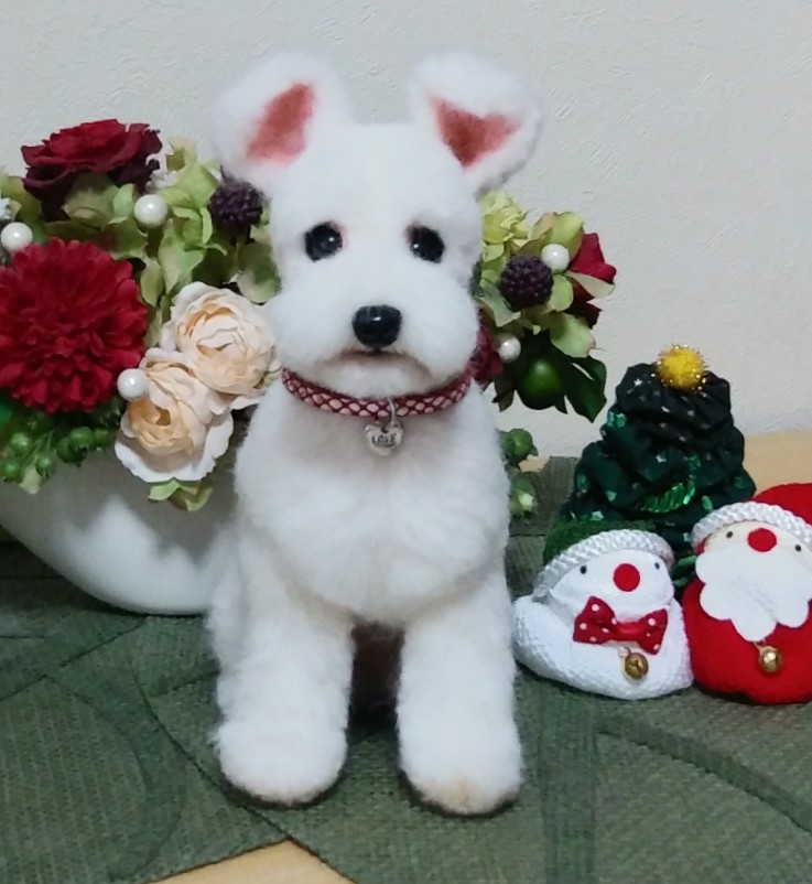 羊毛フェルト 犬 ミニチュアシュナウザーホワイトおすわり 羊毛