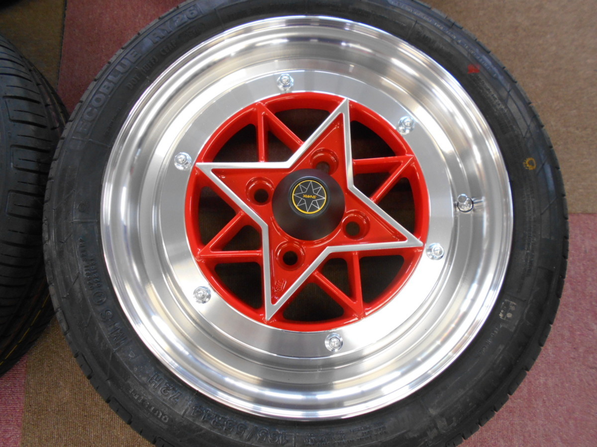 復刻版スターシャーク 軽用 レッド◆14インチ6J PCD100/4H オフセット+38◆新品タイヤ付き4本セット