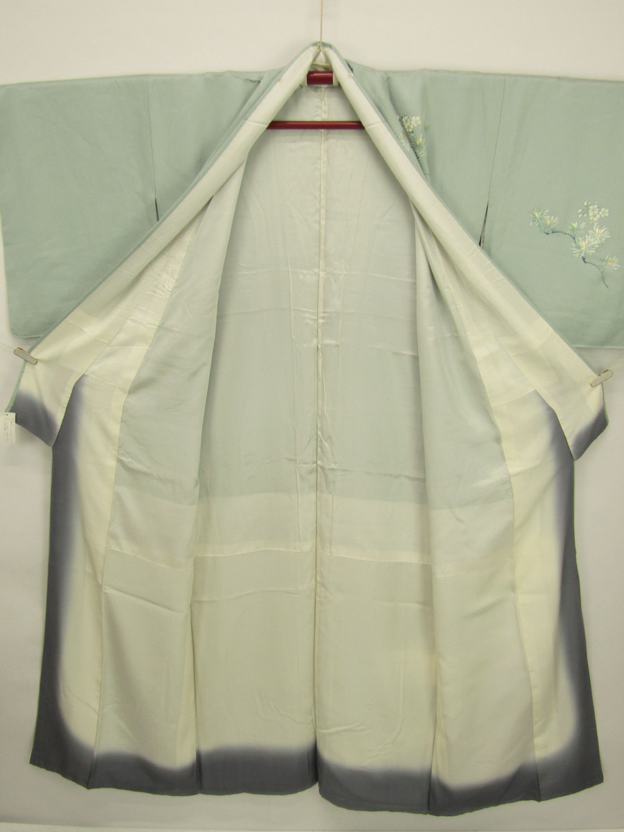 ◆衣紋屋◆7758 ♪ 訪問着 若松に桜文様 正絹 水浅葱 身丈158/裄66 ★披露宴・パーティーなどに★