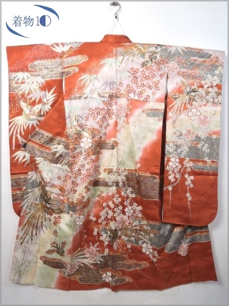 ☆着物10☆ 1円 逸品!! 正絹 振袖 【山本寛斎】金彩 刺繍 尾長鶏 桜 ヱ