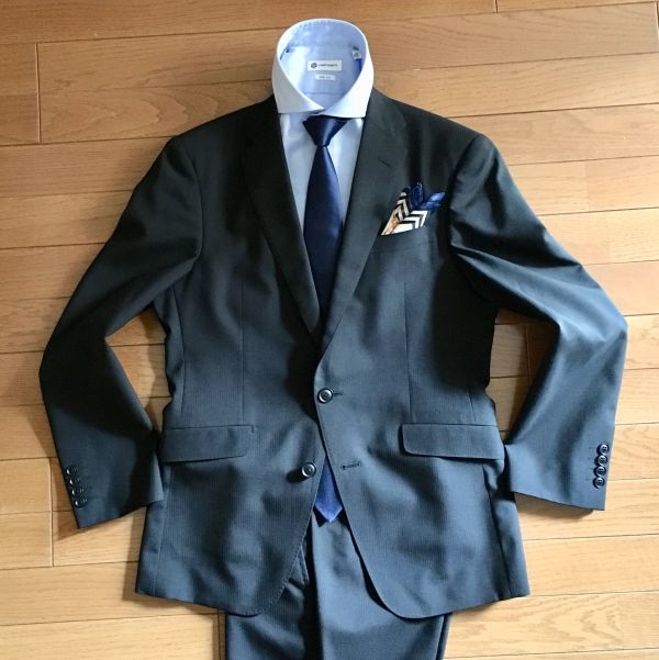 極上ウール 青灰 ストライプ ヴィンテージスーツ × HERMESネクタイコーデ 高品質，新作 極上ウール 青灰 ストライプ ヴィンテージスーツ