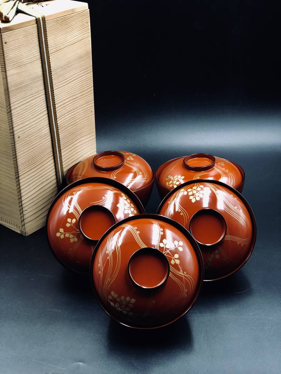 ☆ 平安 象彦 蒔絵 吸物椀 5客セット 共箱 お椀 蓋椀 ☆ xvpbvx