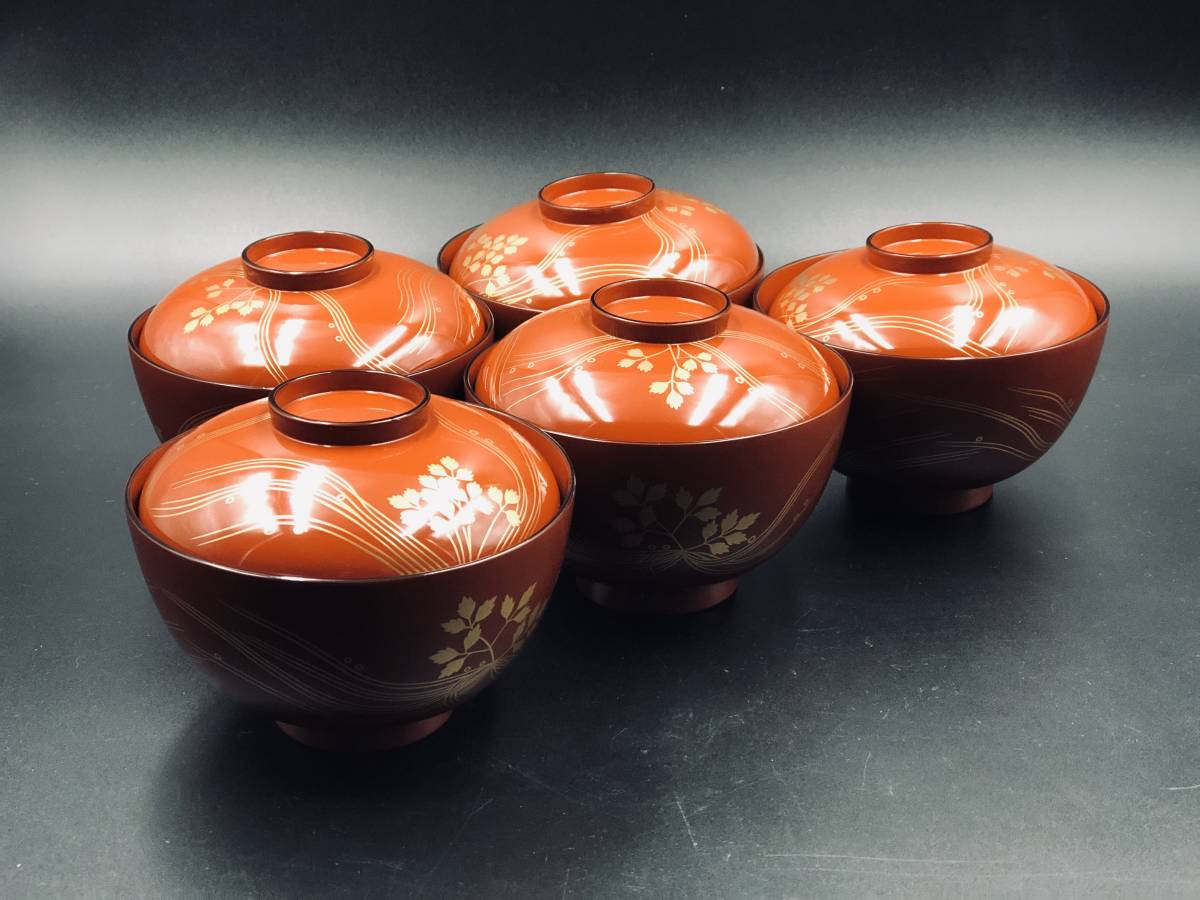 ☆ 平安 象彦 蒔絵 吸物椀 5客セット 共箱 お椀 蓋椀 ☆ xvpbvx