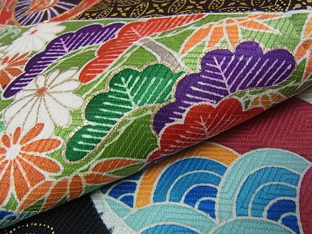 ヤフオク！ベストストア受賞店■平和屋着物■極上　振袖　駒刺繍　束ね熨斗吉祥花御所車文　本金箔　三越扱い　逸品m429