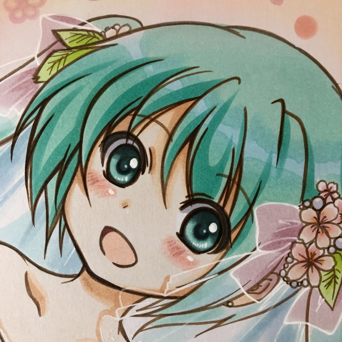 新作，定番】 手描き同人イラスト 色紙 VOCALOID 初音ミク 春ウエディング