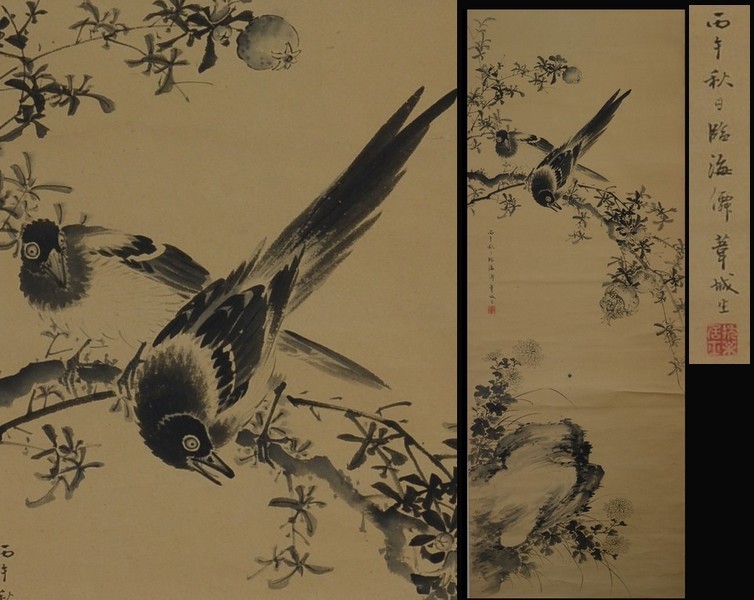 現在在庫あり 王百谷（海僊）筆 花鳥図 掛軸 紙本肉筆 中国画 唐画