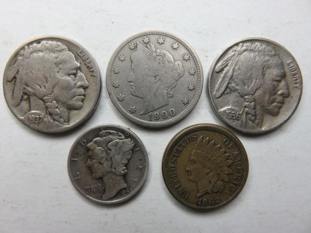 少し古めのアメリカコイン　リバティヘッド・インディアンヘッド・ブッファロー　5枚まとめて_1