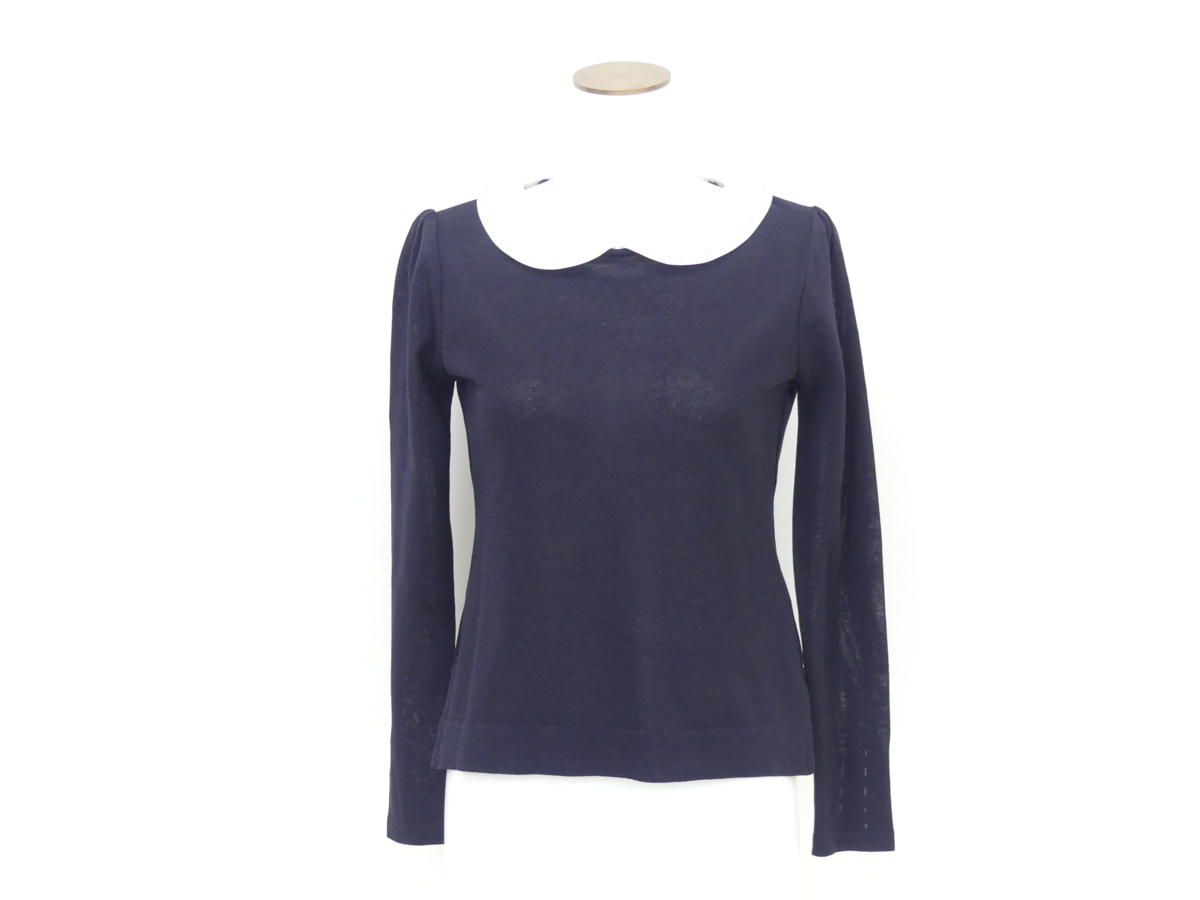 Rene トップス　36 Rene ニットトップス 36 ネイビー コットンBLEND#白襟#パール ビジュー