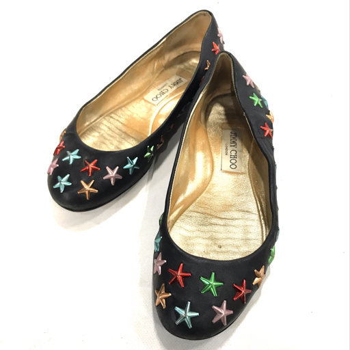 ジミーチュウ 37 スター スタッズ レザー フラットパンプス 黒