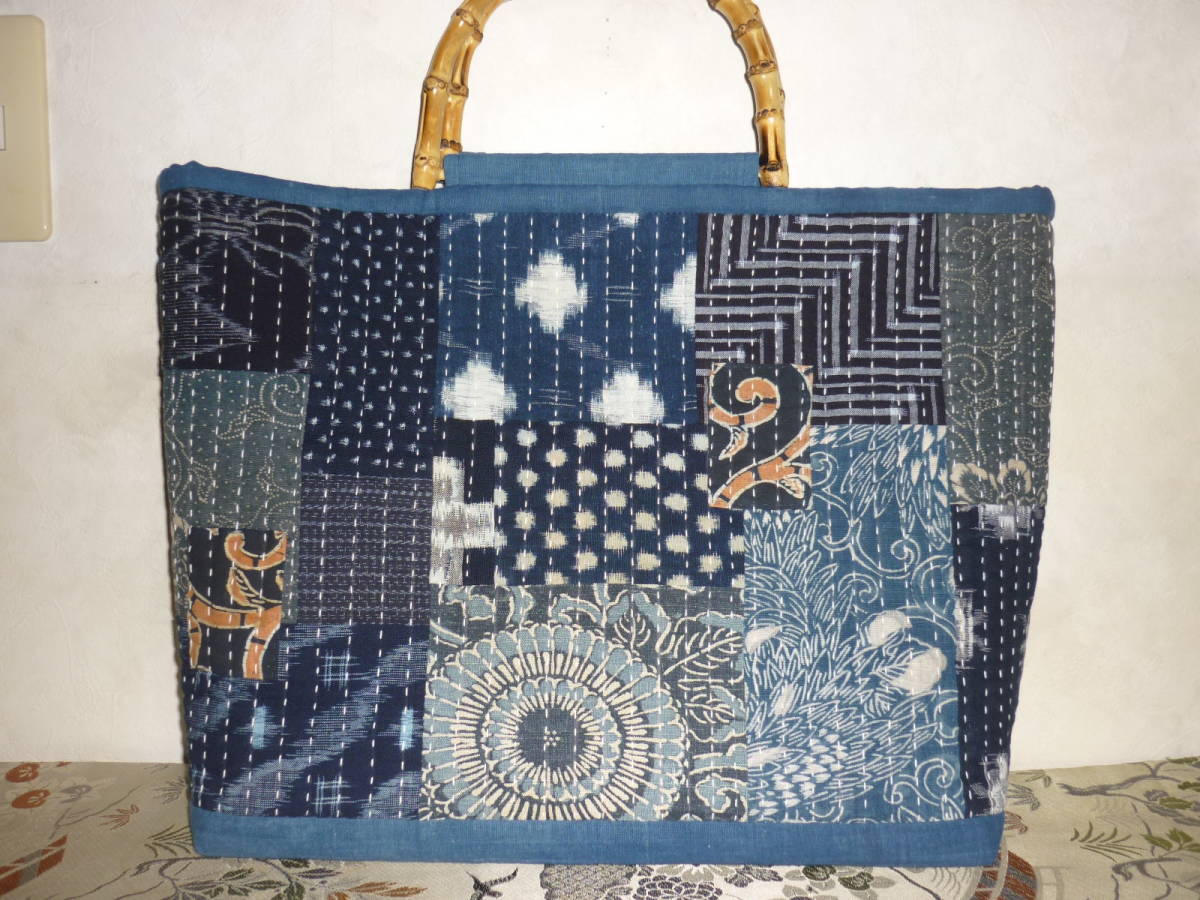 刺し子 古布 絣 kimono 時。 型染め パッチワーク 藍染 バッグ 雪ん子 