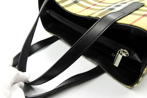 ■美品■バーバリーロンドン トートバッグ チェック ベージュ ブラック ナイロンキャンバス レザー レディース BURBERRY LONDON S50771