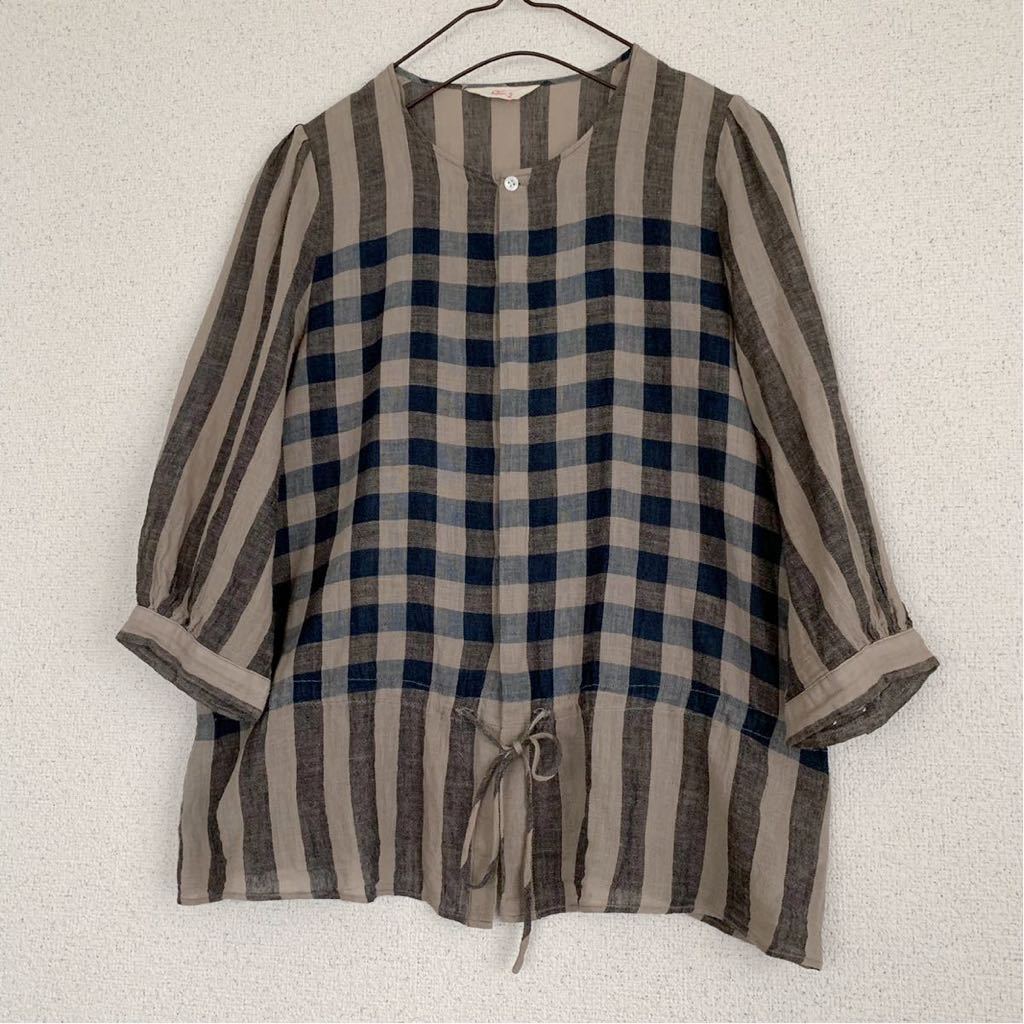 45R コットン シャツ インディゴ染め チュニック チェック ギャザー 羽織 チェック柄ゆったりシャツチュニック | 京都通販ミセスのファッション