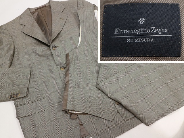 1円～【エルメネジルド ゼニア本物】スーツ/3ピース/ウール/チェック/ベージュ系【K395M エルメネジルド ゼニア cloth ウインターセール 11&frasl;8(土)～11&frasl;24(月・祝) オーダースーツのビッグ