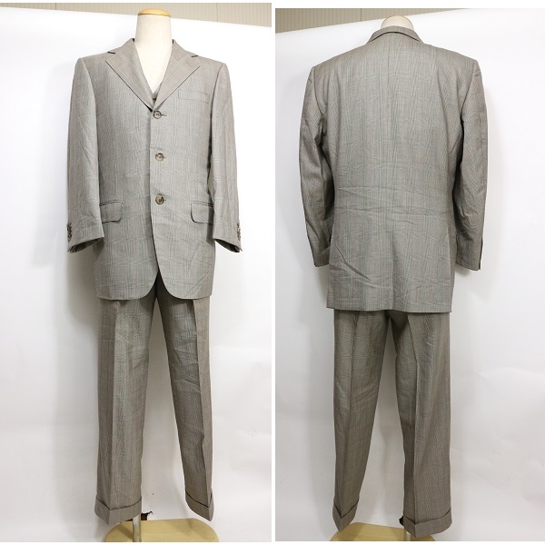 1円～【エルメネジルド ゼニア本物】スーツ/3ピース/ウール/チェック/ベージュ系【K395M エルメネジルド ゼニア cloth ウインターセール 11&frasl;8(土)～11&frasl;24(月・祝) オーダースーツのビッグ