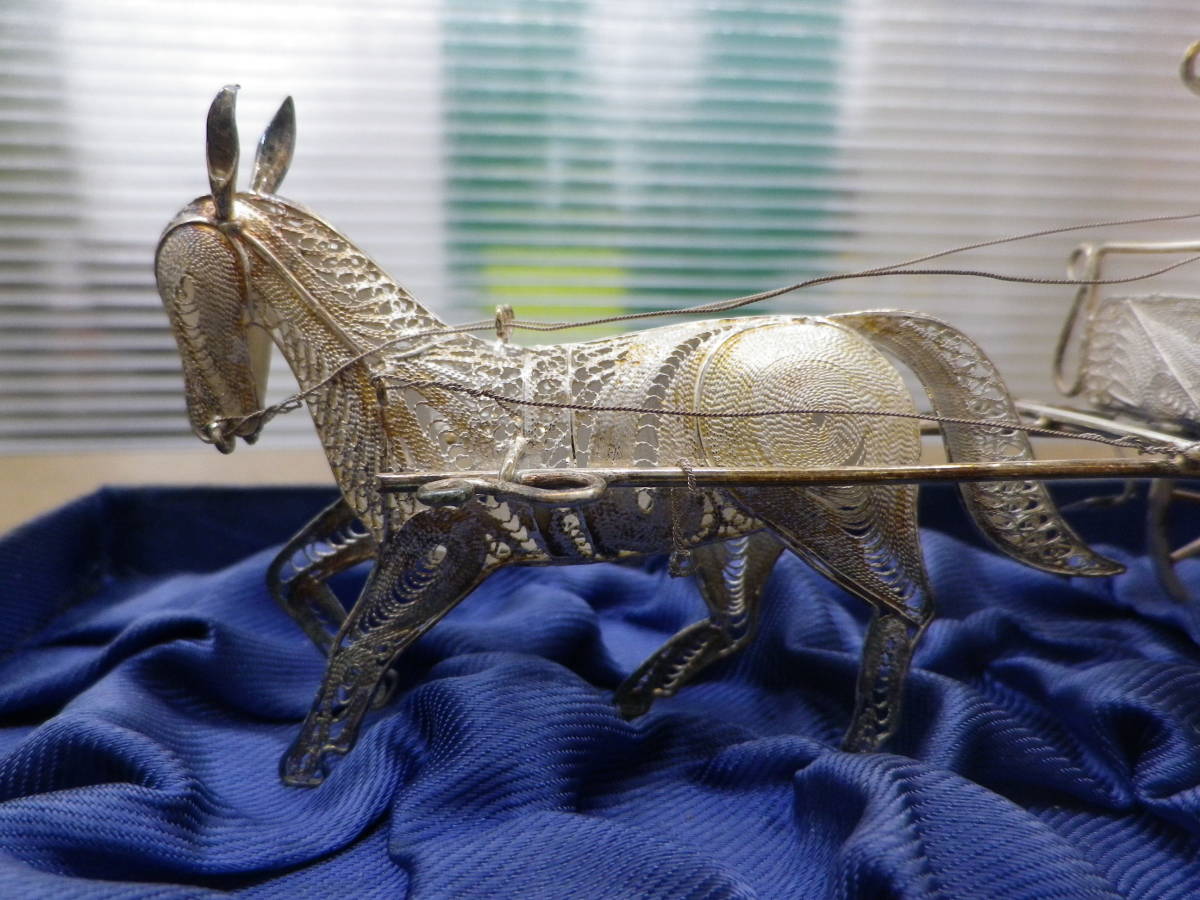 限定SALE，SALE 【3941】馬車 細密銀細工 オブジェ シルバー 置物 飾り 馬 ディスプレイ ケース付属 レトロ アンティーク インテリア コレクション