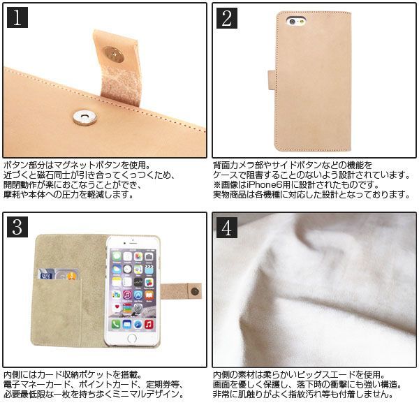 栃木産ヌメ革 iPhone全機種対応 5/5s/5c/6/6s/7/8/plus/SE/X/XS/XR/XS Max用手帳型スマホケース 右利き用/左利き用_2