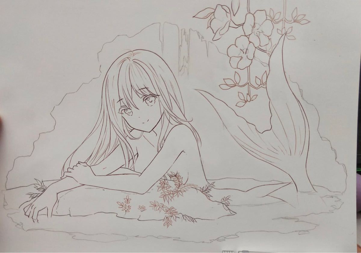 手描きイラスト 可愛い 人魚 セクシー 美人 同人 直筆 一点物 原画