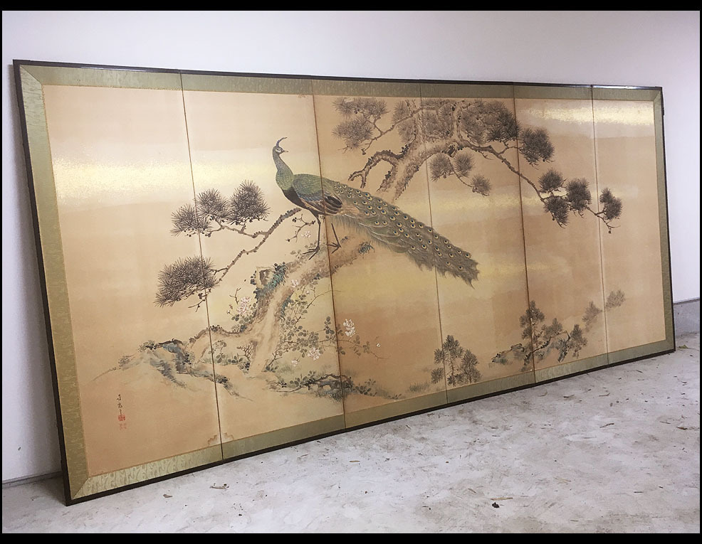 緑屋*2■屏風 六曲 在銘 『松に孔雀図』 紙本 日本画 花鳥図 i2/09-641/I#佐川