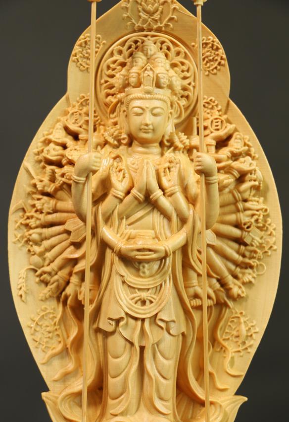 仏教美術☆木造仏像 千手観音像 般若心経 黄楊木観音仏像細密彫刻 東洋