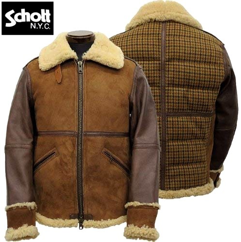 即決★美品 Schott 100周年モデル コンビネーション B-6 フライトジャケット L ブラウン/茶 ショットムートン ダウン ゴート レザー B-3